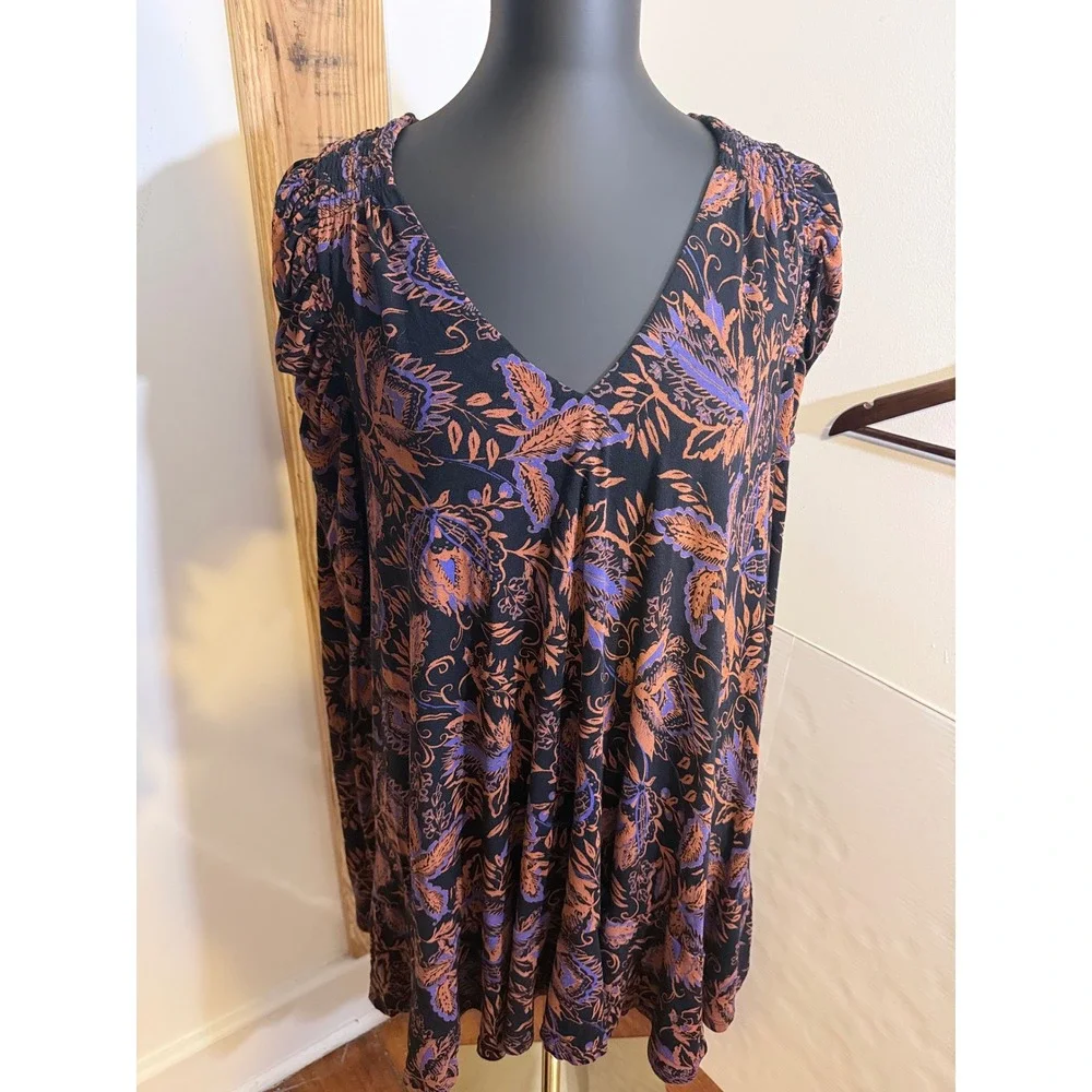 Free People Black& Orange Floral Boho Dress Top Long Sleeve Keyhole‎ Back Small